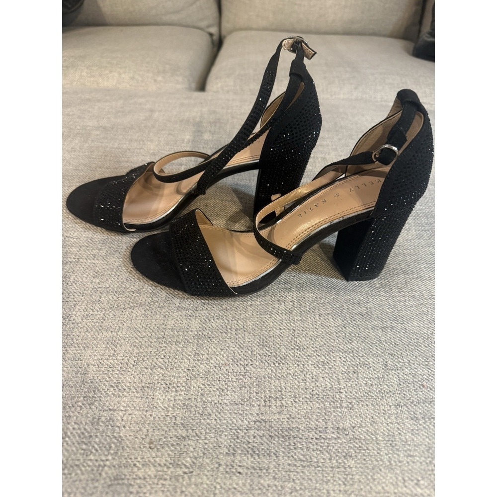 Kelly‎ & Katie Womens 7M Black Rhinestone Block Heel Sandals Dressy